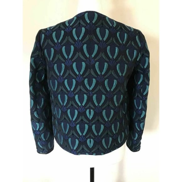 CLUB MONACO Moto Jacket Size 2 Lambskin Leather Detail Blue Jacquard Brocade - Picture 7 of 10